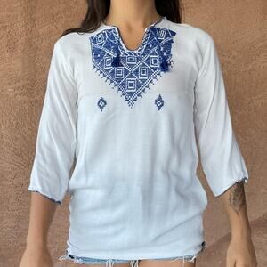 Vintage White Boho Top with Blue Embroidery Peasant Blouse Tunic Beach Cover-Up